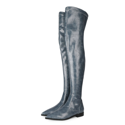 Grey Stretch Comfortable Elastic Flat Ladies Thigh High Boots