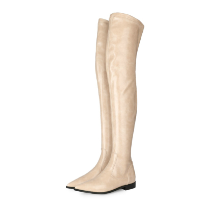 Beige Stretch Comfortable Elastic Flat Ladies Thigh High Boots