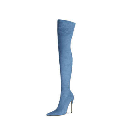 Blue Stretch Long Boot Elastic Over The Knee Thigh High Boots 5 inches Heels