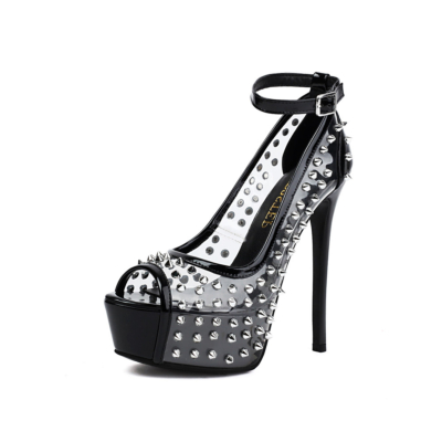 Studded Clear Platform Stiletto High Heels Peep Toe Ankle Strap Dresses Shoes
