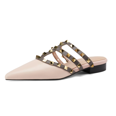 Pink Studded Flat Mule Slides T-Strap Closed Toe Rivet Flat Sandals