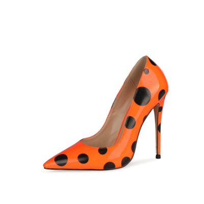 Orange Polka Dot Pumps Heels Patent Leather Stiletto Shoes For Party
