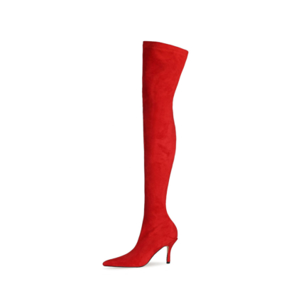 Red Suede Elastic Over The Knee Boots with Pointed Toe