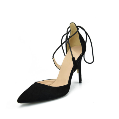 Black Suede Lace Up Ankle Strap D'orsay Woman Stiletto Heeled Pumps with Pointy Toe