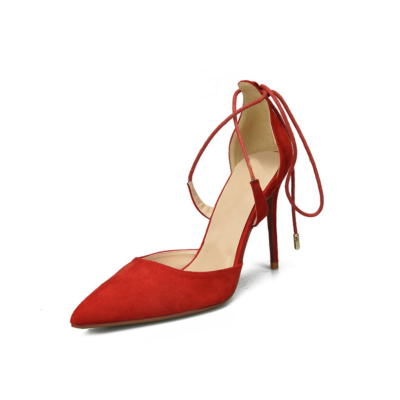 Red Suede Lace Up Ankle Strap D'orsay Woman Stiletto Heeled Pumps with Pointy Toe