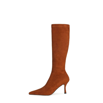 Brown Suede Plain Elastic Pointed Toe Knee High Boots