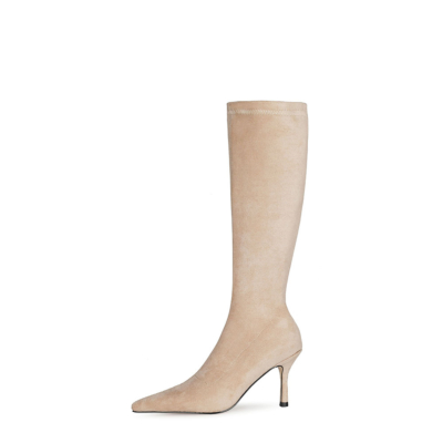 Beige Suede Plain Elastic Pointed Toe Knee High Boots