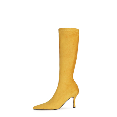 Yellow Suede Plain Elastic Pointed Toe Knee High Boots