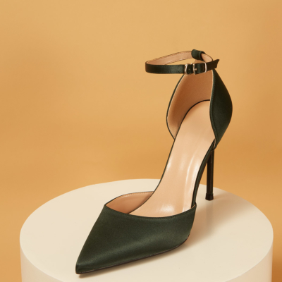 Green Satin Pointed Toe D'orsay Ankle Strap Stiletto Heels Pumps
