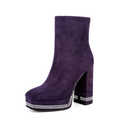Purple Suede Square Toe Rhinestone Chunky Heel Platform Ankle Boots