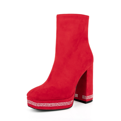Red Suede Square Toe Rhinestone Chunky Heel Platform Ankle Boots