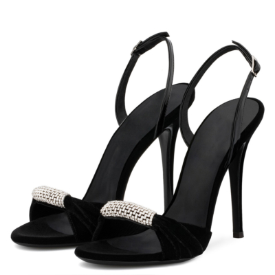 Black Suede Stiletto Heel Sandals Pumps Peep Toe Crystal Shoes with Buckle