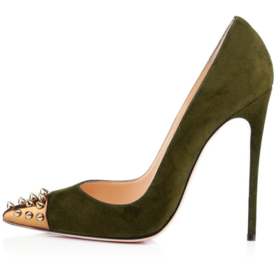 Olive Suede Stilettos Office Pumps Studded Pointed Toe Women Shoes with 5 inch Heels