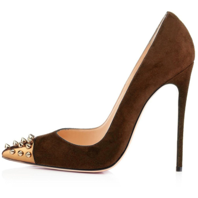 Coffee Suede Stilettos Office Pumps Studded Pointed Toe Women Shoes with 5 inch Heels