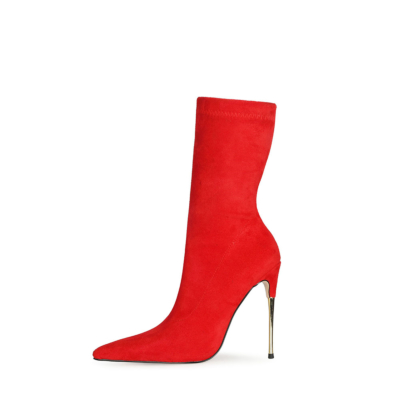 Red Suede Stretch Stiletto Ankle Sock Boots Pointed Toe Heelded Shoes