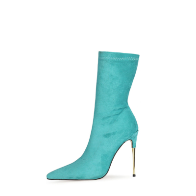 Cyan Suede Stretch Stiletto Ankle Sock Boots Pointed Toe Heelded Shoes