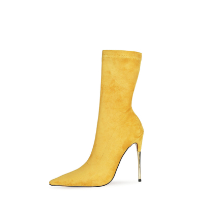 Yellow Suede Stretch Stiletto Ankle Sock Boots Pointed Toe Heelded Shoes