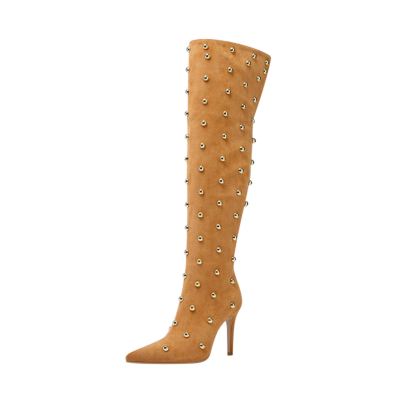 Khaki Suede Studs Pointed Toe Stiletto Heel Thigh High Boots