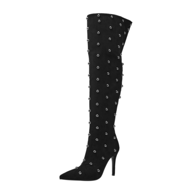 Black Suede Studs Pointed Toe Stiletto Heel Thigh High Boots