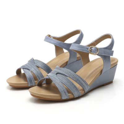 Summer Casual Metallic Buckle Low Wedge Sandals Beach Shoes