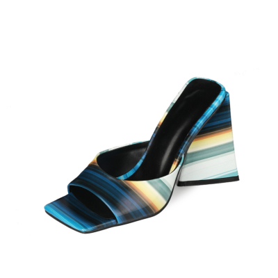 Blue Summer Colorful Striped Slide Sandals Chunky Heels for Ladies