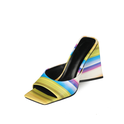 Summer Colorful Striped Slide Sandals Chunky Heels for Ladies