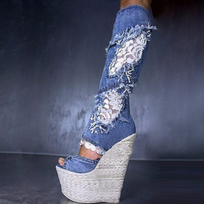 Lace and Denim Wedge Heel Over The Knee Boots