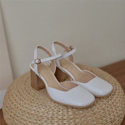 White Leather Square Toe Heels Slingbacks Pumps with Wooden Block Heel