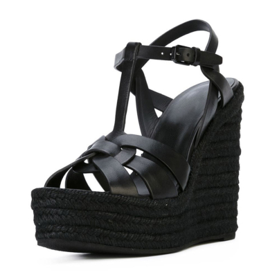 Black Summer Woven Straw T-Strap Wedge Sandals with Buckle Slingbacks