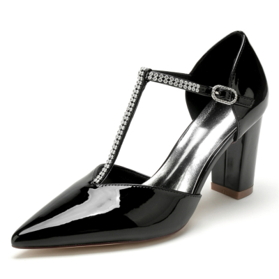 Black Jeweled T-Strap D'orsay Block Heels Vintage Dresses Shoes Pumps