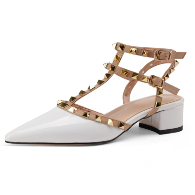 White T-Strap Studded Pointed Toe Sandals Shoes Chunky Heel Pumps