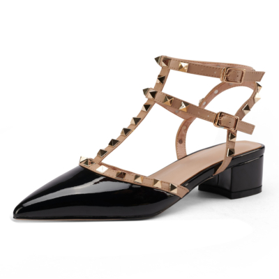 Black T-Strap Studded Pointed Toe Sandals Shoes Chunky Heel Pumps