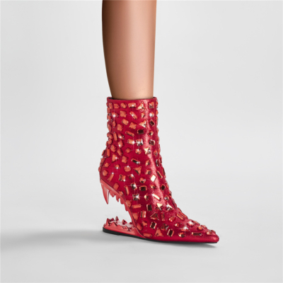 Red Tiger Heel Rhinestones Ankle Boots Pointy Toe High Heel Jeweled Boots