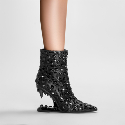 Black Tiger Heel Rhinestones Ankle Boots Pointy Toe High Heel Jeweled Boots
