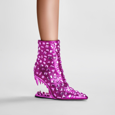 Magenta Tiger Heel Rhinestones Ankle Boots Pointy Toe High Heel Jeweled Boots