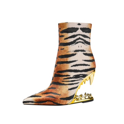 Tiger Printed Satin Pointed Toe Animal Teeth Style Heels Ankle Booties