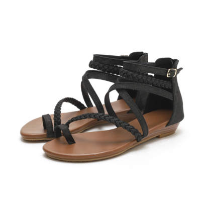 Black Toe-ring Multi-Strap Buckle Wedge Gladiator Sandals with Back Ziper