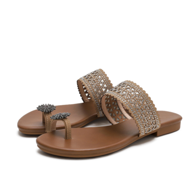 Brown Boho Toe Ring Crystals Hollow Out Slide Flats Gladiator Sandals