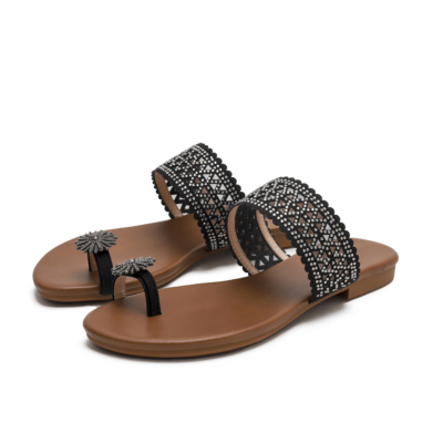 Black Boho Toe Ring Crystals Hollow Out Slide Flats Gladiator Sandals