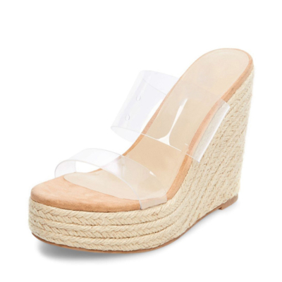 Transparent Slides PVC Mules Sandals with Woven Straw Wedge Heels