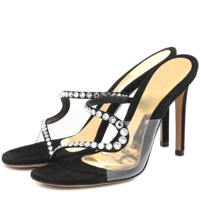 Black Transparent Mule High Heels PVC Bride Silde Sandals with Rhinestones