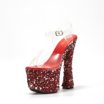 Red Transparent Sequin Platform Block Heels Sandals Glitter Clear Sandals