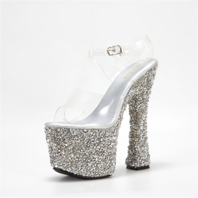 Silver Transparent Sequin Platform Block Heels Sandals Glitter Clear Sandals