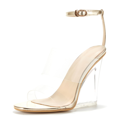 Gold Transparent Wedding High Heels Clear Wedge Sandals With Ankle Strap