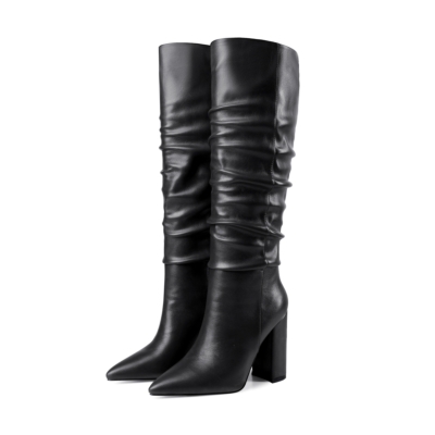 Black Chunky Heel Womens Slouchy Boots Knee High Boots with Pointy Toe