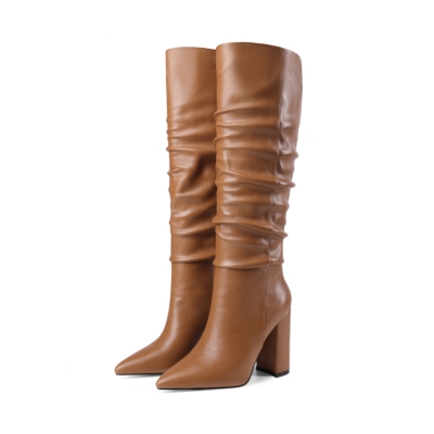 Brown Chunky Heel Womens Slouchy Boots Knee High Boots with Pointy Toe