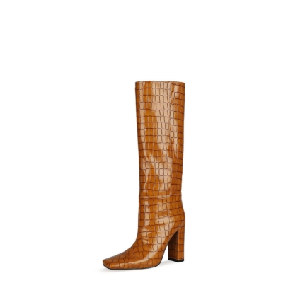 Brown Croc Print Knee High Heeled Boots Women’s Square-Toe Booties