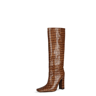 Coffee Croc Print Knee High Heeled Boots Women’s Square-Toe Booties