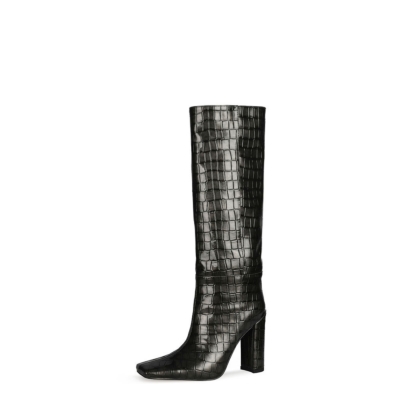 Grey Croc Print Knee High Heeled Boots Women’s Square-Toe Booties