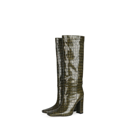 Fashion Croc Print Knee High Heeled Boots Women’s Square-Toe Booties
